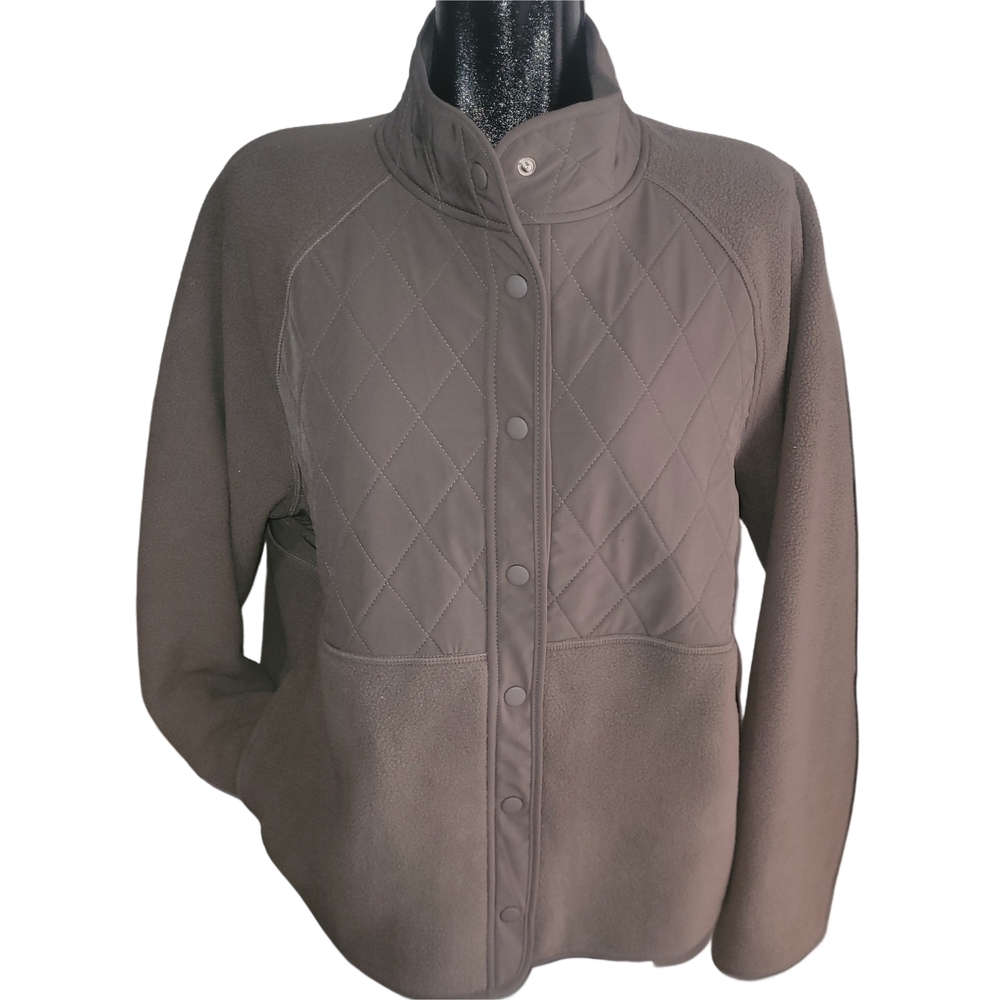 Gap Fit Womens Taupe Quilted Panel Fleece Snap Button-Up Jacket Size XL - Picture 2 of 8
